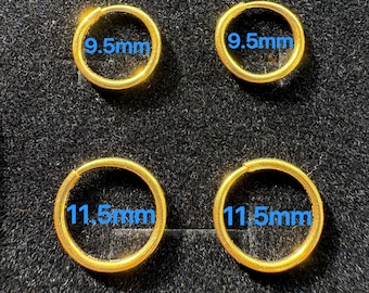 May include: Four gold hoop earrings arranged in two rows. The top two hoops are labeled with the text 9.5mm, indicating their size. The bottom two hoops are labeled with the text 11.5mm, indicating their size. The earrings have a smooth, circular design.