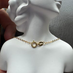 May include: A delicate gold chain necklace featuring a round spring ring clasp and a small oval tag. The chain is composed of thin, interlocking circular links, showcasing a polished metallic finish that rests against a white sculpted bust.