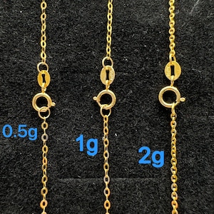May include: Three gold chains with spring ring clasps, each featuring a small metal tag stamped with AU750. The chains are labeled with blue text indicating weights of 0.5g, 1g, and 2g, representing the specific mass of each individual gold chain.