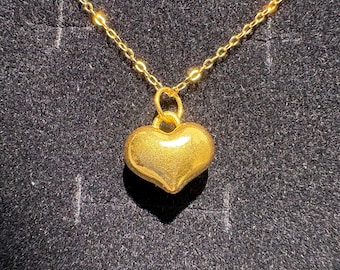 24k Solid Gold Heart Pendant Necklace, Au999