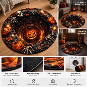 May include: A round rug featuring a 3D optical illusion of a deep stone well with a glowing jack-o'-lantern at the bottom. The design includes scattered orange autumn leaves, skeletal hands, a human skull, and lit candles on a dark stone border.
