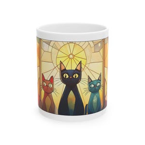 Taza de gato loco, taza de gato divino, taza de gato con diseño de vidrieras, regalo para ella, regalo para él, linda taza de cerámica de animal, decoración de cocina divertida.