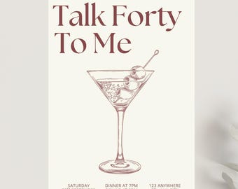 Elegant 40th Birthday Invitation: Martini Cocktail Party (Digital Download, 5x7 Portrait Template Canva Editable)