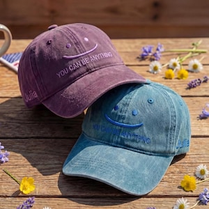 Embroidered You Can Be Anything Smiley Face Cap, Custom Name Washed Cotton Hat, Personalized Side, Aesthetic Purple Hat, Positive Quote Gift