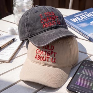 May include: Two baseball caps, one gray and one tan, stacked on top of each other. The gray cap has red embroidered text that reads "I TOLD CHATGPT ABOUT U." The tan cap has the same text. A smartphone and a book are in the background.
