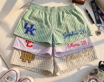 Custom Gingham Boxer Shorts, Personalized College Name & Year Lounge Shorts, Cute Pink Preppy Dorm Pants, University Gameday Apparel