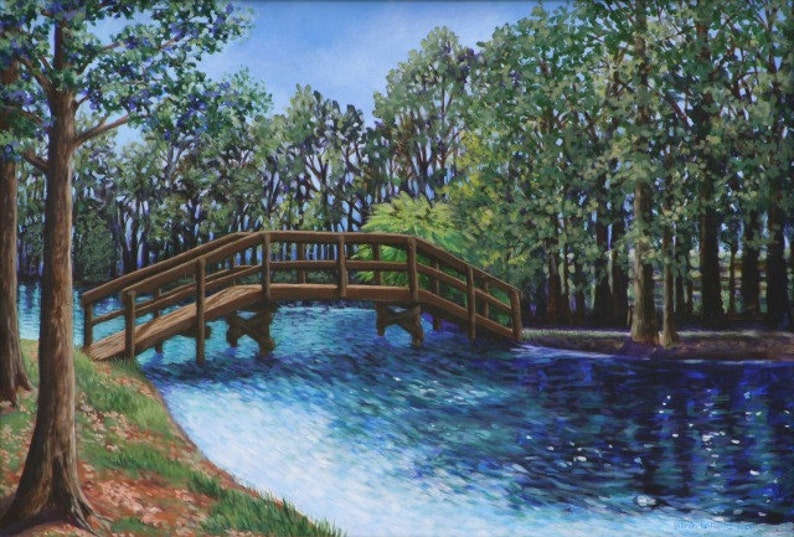 Bridge over Sparkling Water Landscape Art Print Giclee 9x14 Bridge at Lake Tarpon Florida image 1