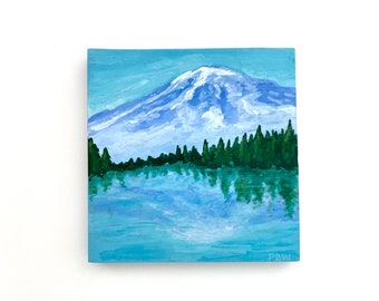 Mountain Lake Miniature Painting on Wood - Mini Painted Mountain Landscape