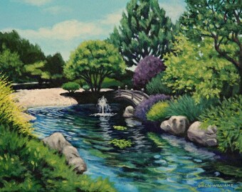 Japanese Garden Water Fountain Print - 11x14 Giclee from original painting - Water Fountain - San Francisco California