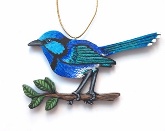 Bird Ornament-Splendid Fairy Wren Ornament-Painted Wood Bird Ornament