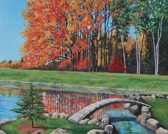 Autumn Landscape Art Print - Arboretum Lake Bridge Japanese Garden - 8x10 Giclee