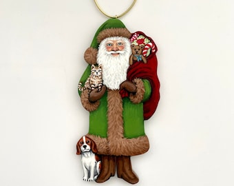 Santa Christmas Ornament with Cat and Dog - St Nicholas Handmade Painted Ready to Ship - Free Personalization