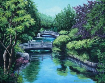 Japanese Garden Bridges Art Print 11x14 Landscape Giclee - Japanese Garden View - Two Bridges over Garden Pond