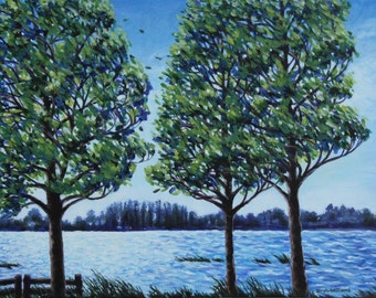 Wind in the Trees Art Print - Blue Lake Landscape Painting - Giclee 11x14