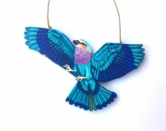 Beautiful Bird Ornament - Blue Turquoise Lilac Bird Decoration- Handmade Painted Bird Art