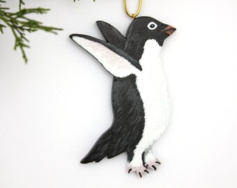 Penguin Christmas Ornament - Handmade Painted Wood Penguin - Ocean Animal Ornament - Adele Penguin Holiday Home Decor - Wildlife Ornament