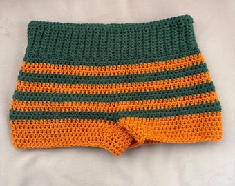 Pantalones cortos de crochet a rayas, pantalones cortos de fútbol, Universidad de Miami, Umiami, hechos a mano, rayas, cintura baja, cintura media, pantalones cortos de playa, personalizados
