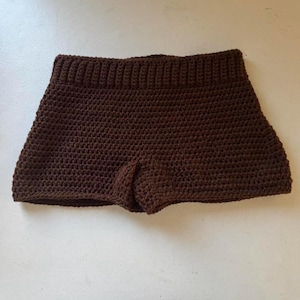 May include: A pair of brown crochet shorts. The shorts are a solid, dark brown color and appear to be handmade. The waistband is ribbed, and the shorts have a slightly flared shape.