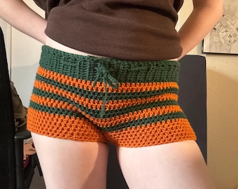 Short umiami vert et orange, short rayé vert et orange, short au crochet, short taille basse, mini short, short à cordon, lounge