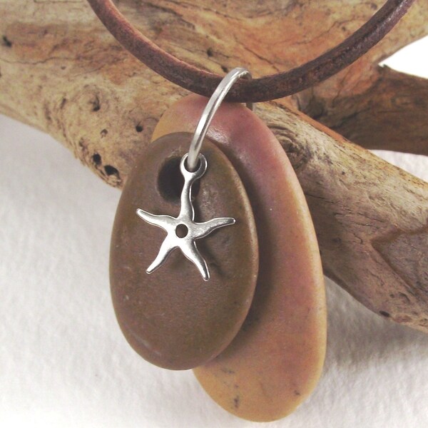 Beach jewelry.  Natural smooth beach stones and starfish. Pendant by Oceangifts