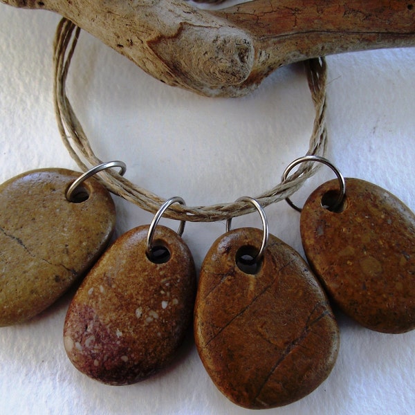 Jewelry supplies. Beach stone dangles on jump rings by Oceangifts. 4 Spanish drilled beach rocks. Natural and smooth beads