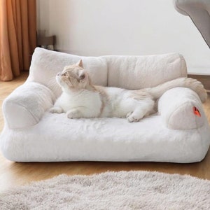 Puede incluir: Una cama para gatos de felpa blanca con forma de sofá con un gato acostado en ella. El gato es blanco con marcas marrones y está mirando hacia arriba.