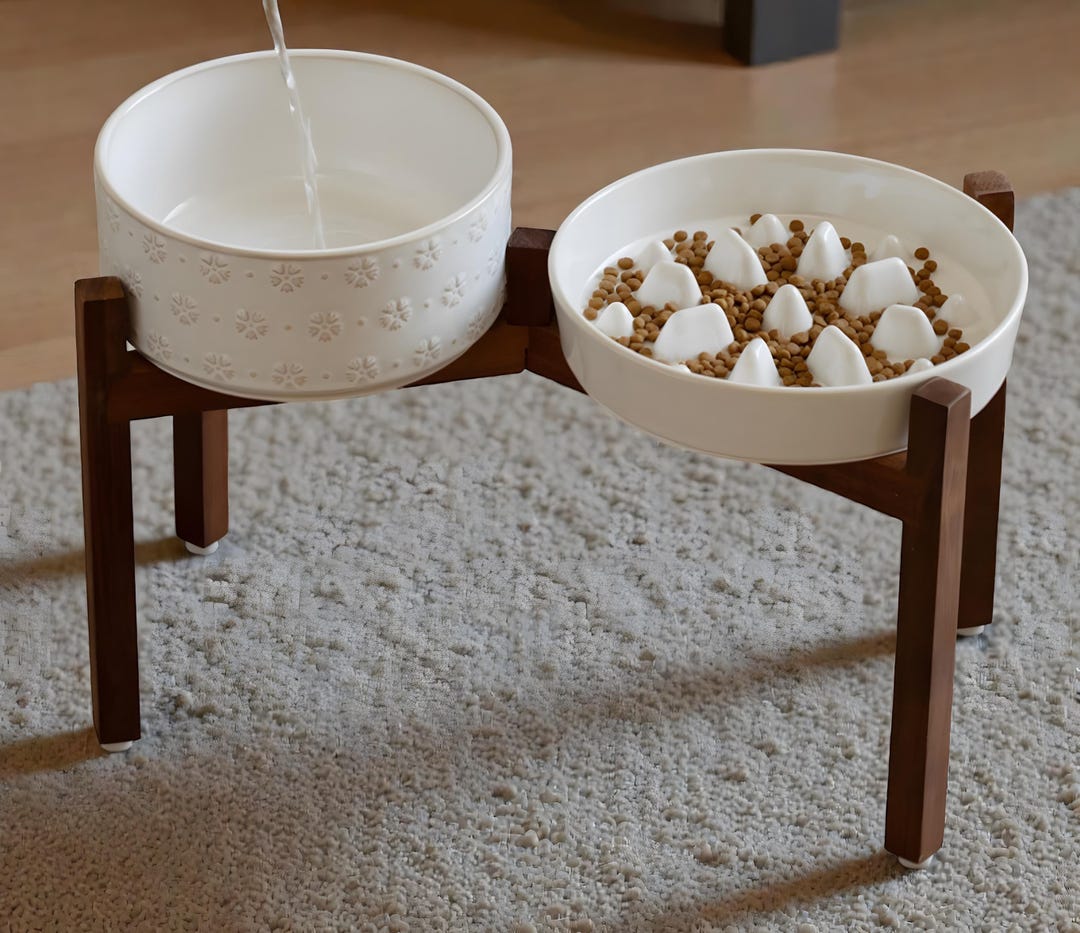 Elevated Ceramic Pet Bowl with Wooden Stand • Slow Feeder - 18.5cm in diameter