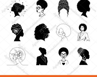 Afro Woman SVG Bundle, Black Woman svg, Afro Girl svg, Curly Hair Silhouette, Melanin Queen Clipart, Black Girl Magic PNG, Afro Queen svg