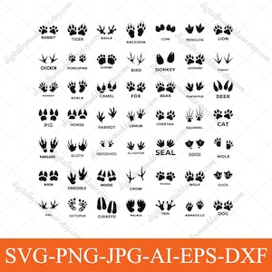 May include: A collection of black animal paw prints and footprints, including a rabbit, tiger, eagle, raccoon, cow, penguin, and lion. The image also includes the text "SVG-PNG-JPG-AI-EPS-DXF".
