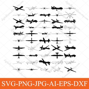 Può includere: Una collezione di illustrazioni di droni a silhouette nera in vari design. L'immagine include il testo "SVG-PNG-JPG-AI-EPS-DXF" in un banner arancione in basso. Lo sfondo è bianco.