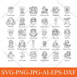 May include: A collection of thirty black and white line art illustrations featuring various girls in different activities, each accompanied by German text phrases such as Tanze durchs Leben, Träume groß, and Atme tief durch, arranged in a grid format.