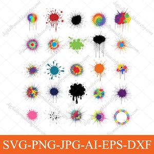 May include: A collection of colorful paint splatter designs in various shapes and sizes. The splatters include a variety of colors such as red, blue, green, and yellow. The image also includes the text "SVG-PNG-JPG-AI-EPS-DXF".