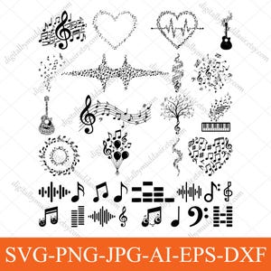 May include: A collection of black musical notes and symbols, including treble clefs, guitars, and hearts, arranged in various artistic designs. The image also includes the text "SVG-PNG-JPG-AI-EPS-DXF".