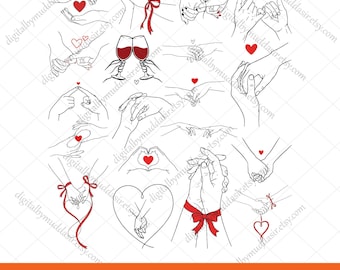 Paquete SVG de manos tomadas, imágenes prediseñadas de manos de pareja, manos de enamorados, manos con el dedo meñique, manos con forma de corazón, lazos de cinta, manos románticas