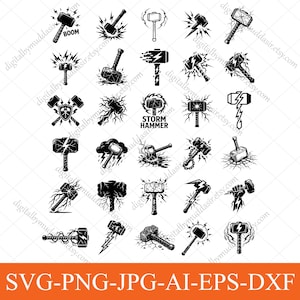 Puede incluir: Una colección de treinta ilustraciones gráficas en blanco y negro que presentan varios diseños de martillos, muchos rodeados de rayos, grietas o nubes de tormenta. Algunos iconos incluyen el texto BOOM y STORM HAMMER en negrita.