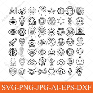 Puede incluir: Una colección de iconos en blanco y negro con temática de IA, que incluyen robots, cerebros, placas de circuito y redes globales. Los iconos están dispuestos en una cuadrícula, con el texto "SVG-PNG-JPG-AI-EPS-DXF" en la parte inferior. Es un diseño digital.