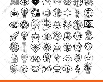 56 AI Icons svg Bundle, Artificial Intelligence Clipart, Tech Inspired svg, AI brain, Computer Chip, Computer Tshirt Design, AI png