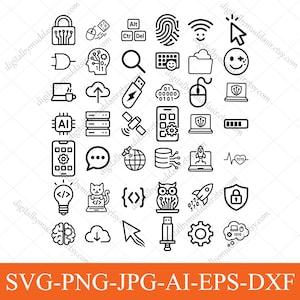 May include: A set of black and white digital icons, featuring a padlock, mouse, fingerprint, Wi-Fi symbol, and a smiley face. Other icons include a laptop, cloud, USB stick, and a smartphone. The text "SVG-PNG-JPG-AI-EPS-DXF" is at the bottom.