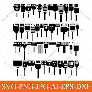 Op de afbeelding: Zwart-wit digitale illustratie van verschillende computerkabels en connectoren. Inclusief USB, HDMI, stroom en andere soorten stekkers. De afbeelding bevat ook de tekst "SVG-PNG-JPG-AI-EPS-DXF".