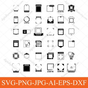 Könnte beinhalten: Eine Sammlung von dreißig schwarz-weißen digitalen Symbolen mit verschiedenen quadratischen Rahmen, Rändern und Formen, die jeweils mit dem Text SCAN ME versehen sind. Diese grafischen Elemente umfassen verschiedene Stile wie Vollflächen und Umrisse.