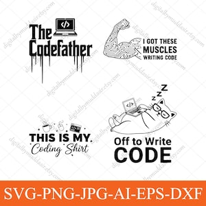 Peut inclure: Art numérique en noir et blanc avec quatre motifs pour les codeurs. Comprend des phrases comme "The Codefather", "J'ai ces muscles en écrivant du code" et "This is my coding shirt". Comprend également un chat endormi avec un ordinateur portable.