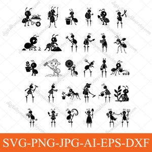 May include: A series of black and white ant illustrations, some on stilts, engaged in gardening and other activities. The ants are shown with tools, flowers, and a wheelbarrow. The image includes the text: SVG-PNG-JPG-AI-EPS-DXF.