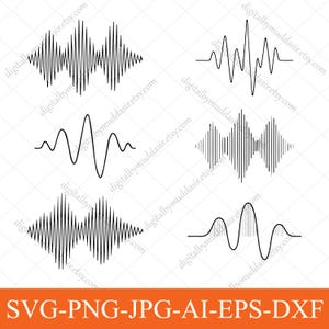 May include: A collection of six black waveform designs on a white background. The designs vary in shape and complexity, resembling sound waves. The bottom of the image features the text "SVG-PNG-JPG-AI-EPS-DXF" in orange.