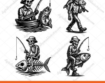 Skelettfiskare svg, skelettfiskare som håller fisk, fiskare som rids på fisk skelett svg, fiskarskalle svg, fiskarskjorta svg png