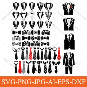 May include: A collection of black and white vector illustrations of formal wear elements, including tuxedos, bow ties, and neckties. Some ties are red. The image includes the text "SVG-PNG-JPG-AI-EPS-DXF".