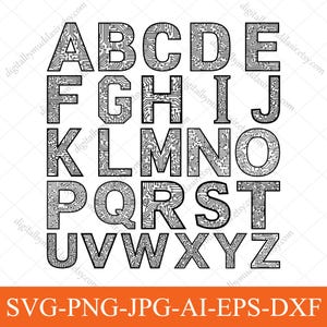 May include: Black and white alphabet letters A through Z, each filled with a circuit board design. The letters are in a sans-serif font. The bottom of the image has the text "SVG-PNG-JPG-AI-EPS-DXF" in an orange rectangle.