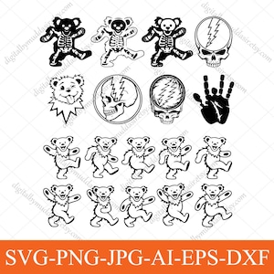 May include: Black and white graphic designs featuring dancing bears, a skull with a lightning bolt, and a hand with fingers spread. The designs include bears with skeleton details. The bottom of the image has the text: SVG-PNG-JPG-AI-EPS-DXF.
