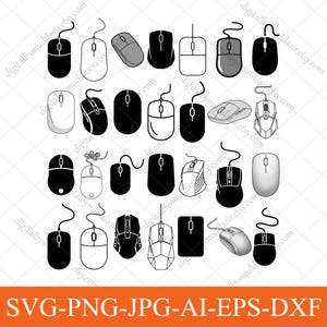 May include: A collection of computer mouse illustrations in various styles, including wired and wireless designs. The mice are depicted in black, white, and gray, with a variety of shapes and button configurations. The image includes the text "SVG-PNG-JPG-AI-EPS-DXF".