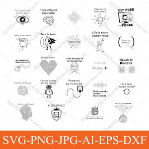 May include: A selection of black and white digital design elements featuring tech-related quotes and graphics. Includes images of a brain, eye, robot, and code symbols. The bottom of the image displays file type options: SVG, PNG, JPG, AI, EPS, and DXF.
