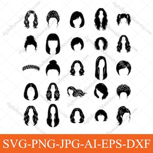May include: A collection of black hair style silhouettes, including various lengths and textures. The image features a variety of hairstyles, such as bobs, curls, and ponytails. The bottom of the image contains the text "SVG-PNG-JPG-AI-EPS-DXF".